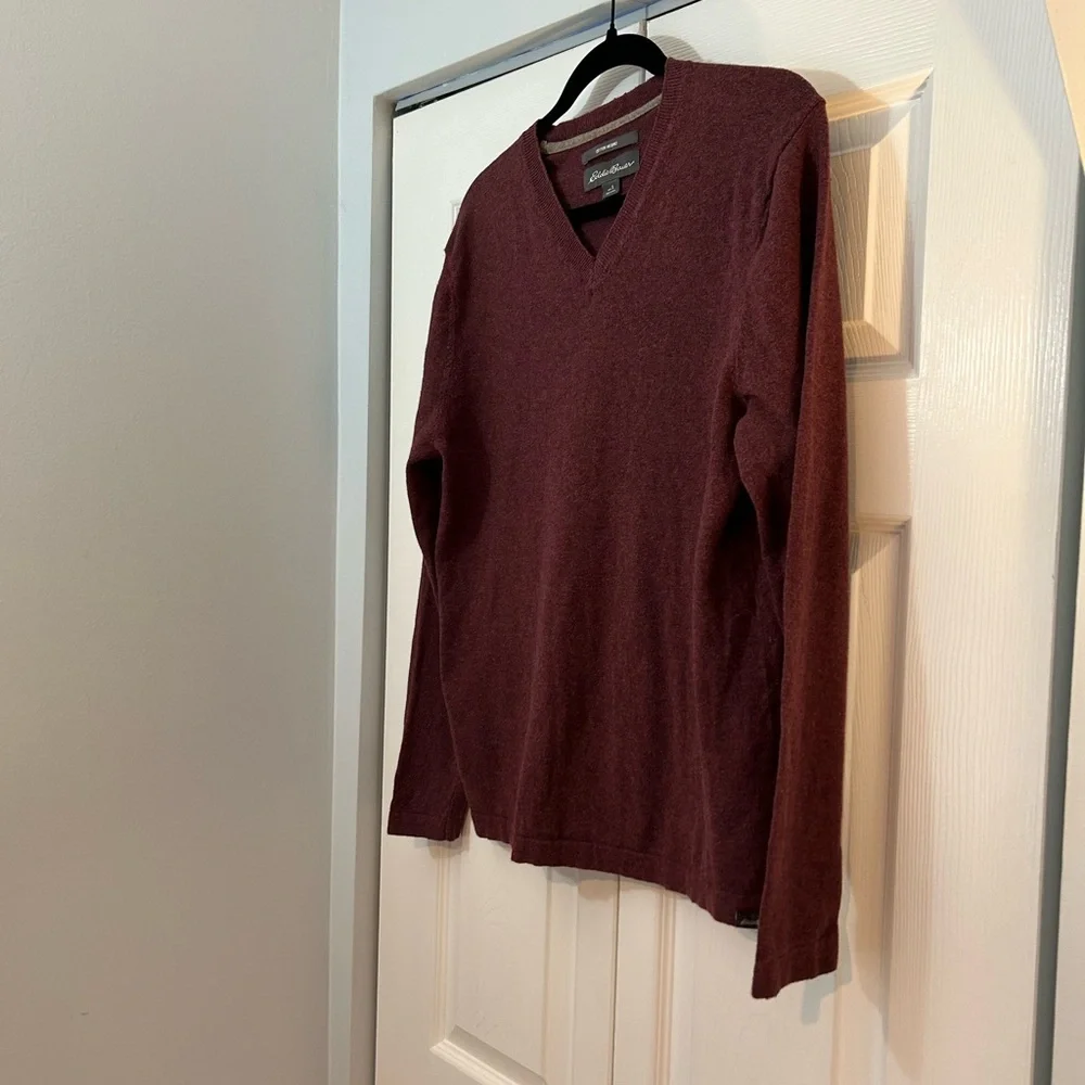 Eddie Bauer Cotton Merino V-Neck Sweater Mens S Burgundy Lightweight Pullover